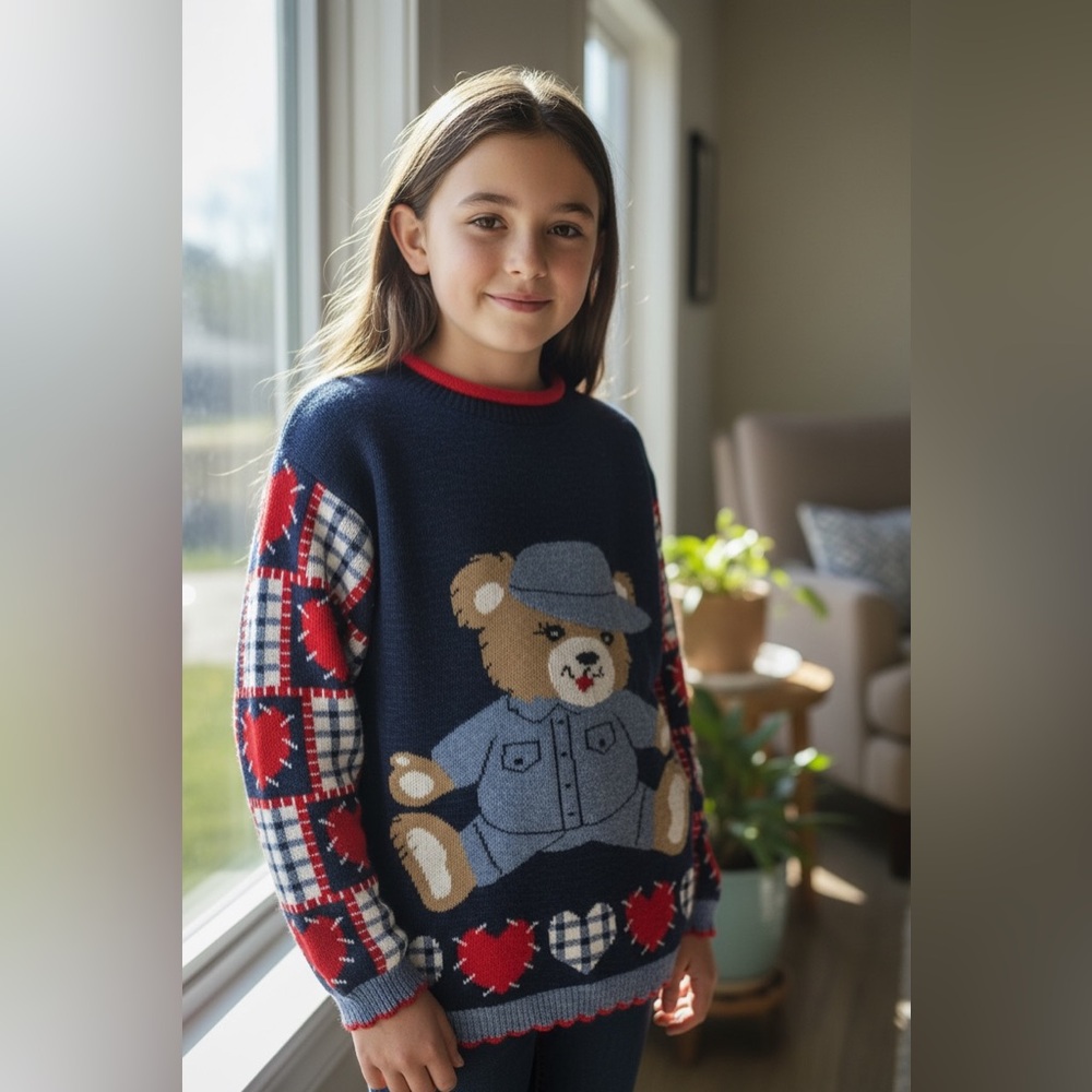 Girls 80s vintage teddy bear knit sweater with heart sleeves
